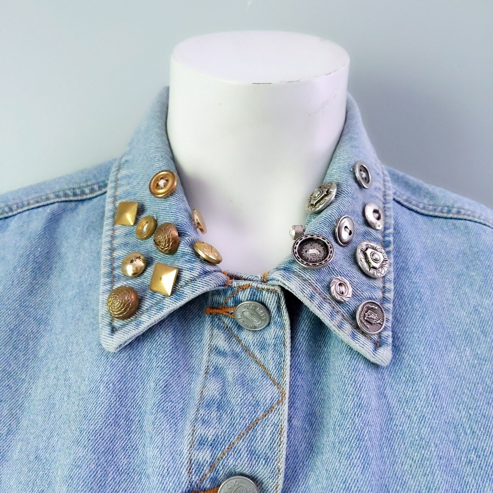 Vintage 90s Old Navy Bespoke OOAK Studded Collar Denim Vest M - Picture 2 of 7